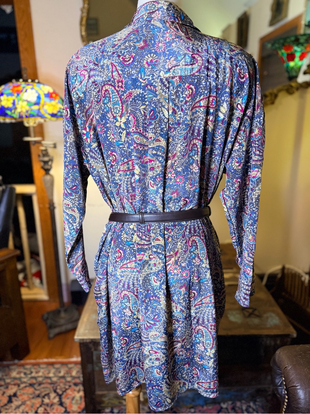 Summer Bright Paisley Button-Front Shirt Dress w/Leather Belt w/Metal Bucke - Picture 6 of 12